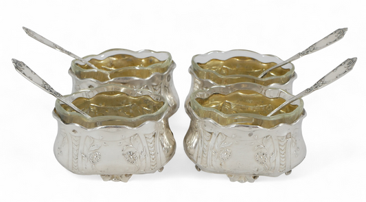Antique Set of 4 French Sterling Silver Open Salt Cellars Bowls & Spoons Cruet