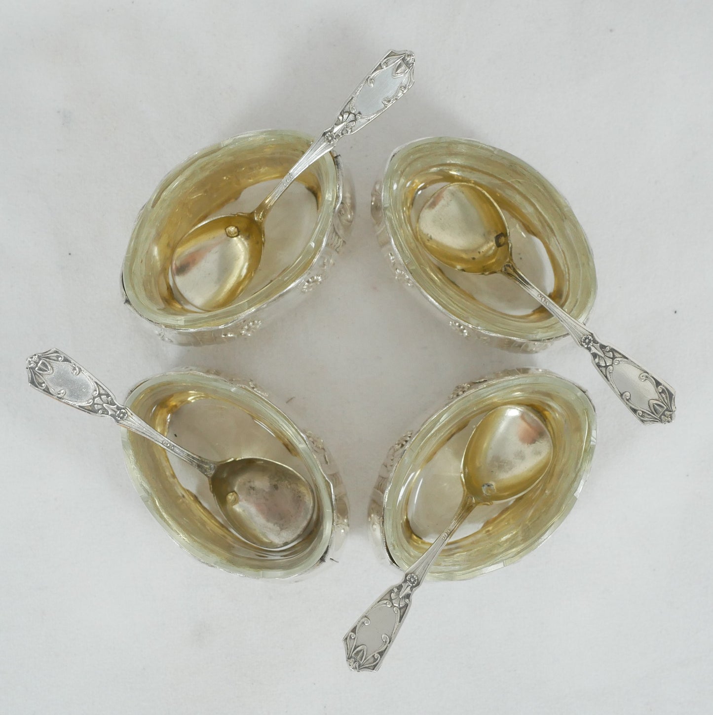 Antique Set of 4 French Sterling Silver Open Salt Cellars Bowls & Spoons Cruet