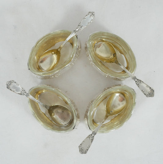 Antique Set of 4 French Sterling Silver Open Salt Cellars Bowls & Spoons Cruet