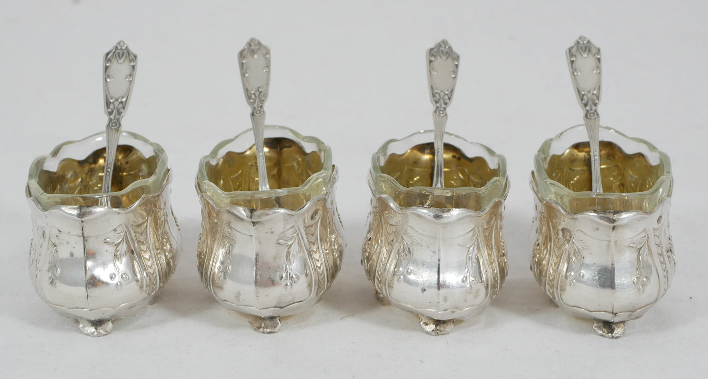 Antique Set of 4 French Sterling Silver Open Salt Cellars Bowls & Spoons Cruet