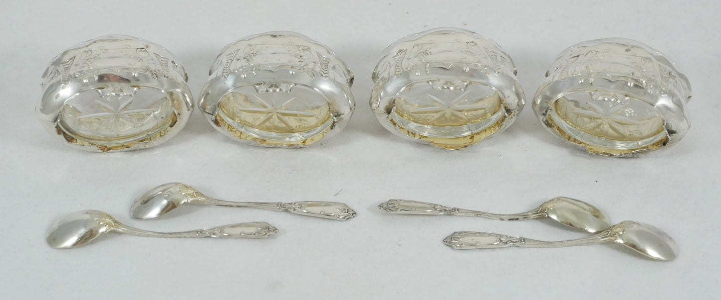 Antique Set of 4 French Sterling Silver Open Salt Cellars Bowls & Spoons Cruet