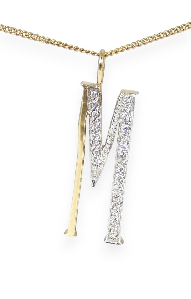 Solid 9ct Yellow Gold & CZ Large 31mm Letter M Necklace Pendant Alphabet Initial