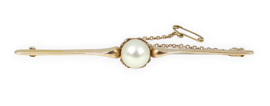 Vintage Solid 9ct Yellow Gold 8mm Round Pearl 65mm Bar Brooch Pin & Safety Chain