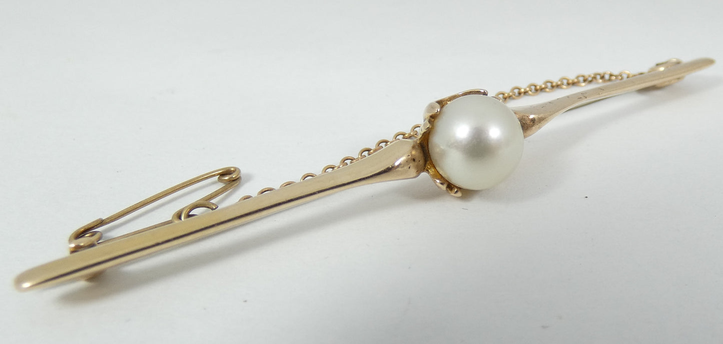 Vintage Solid 9ct Yellow Gold 8mm Round Pearl 65mm Bar Brooch Pin & Safety Chain