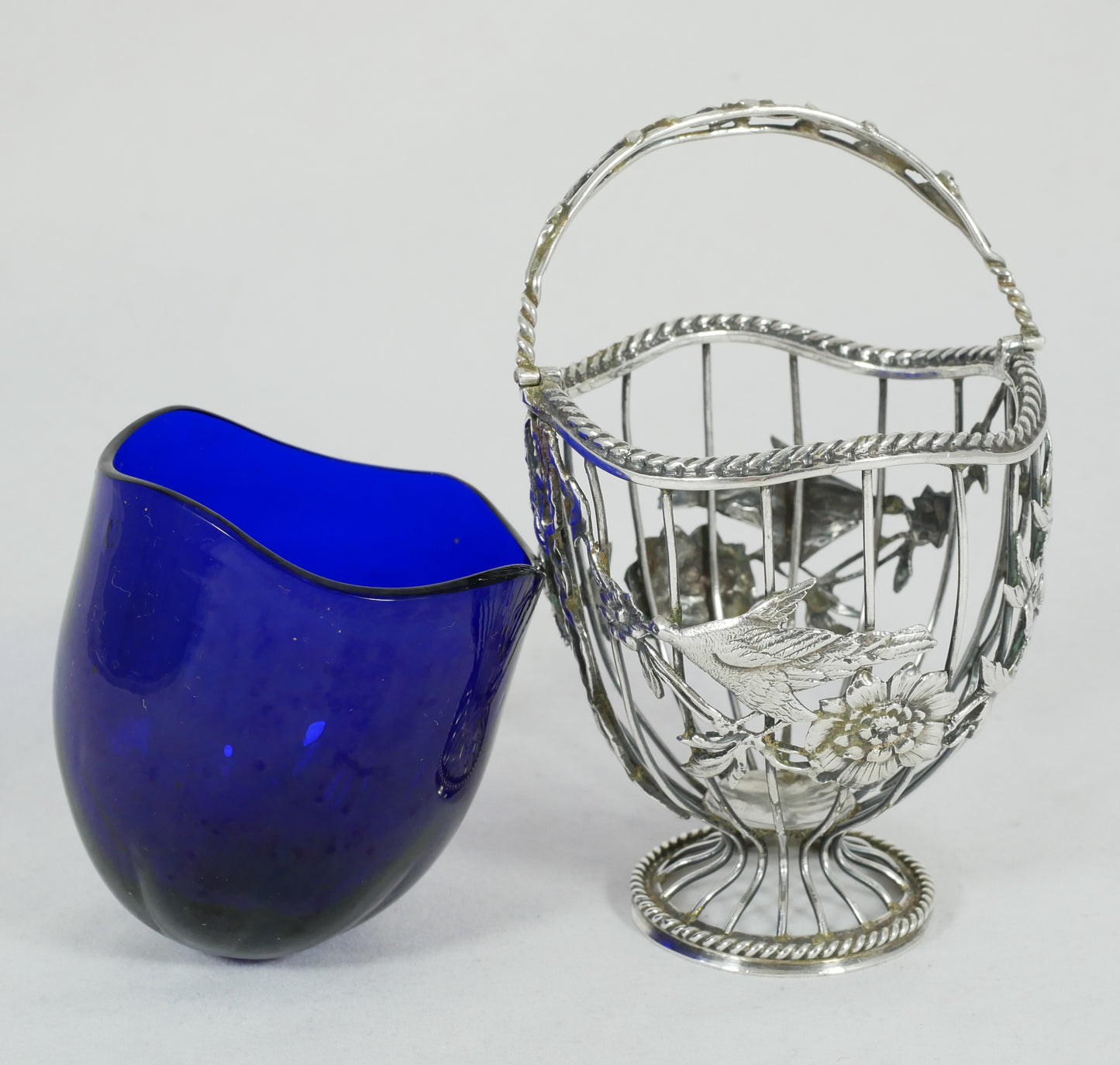 Antique Edwardian 1908 Sterling Silver Sugar Basket Bowl Birds Flower Blue Glass