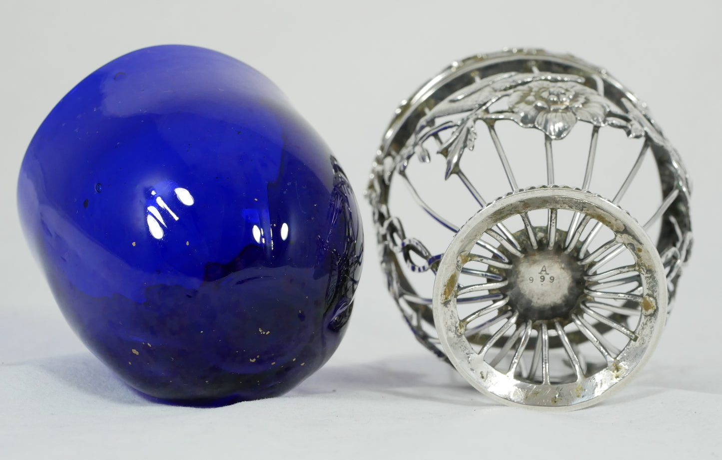 Antique Edwardian 1908 Sterling Silver Sugar Basket Bowl Birds Flower Blue Glass