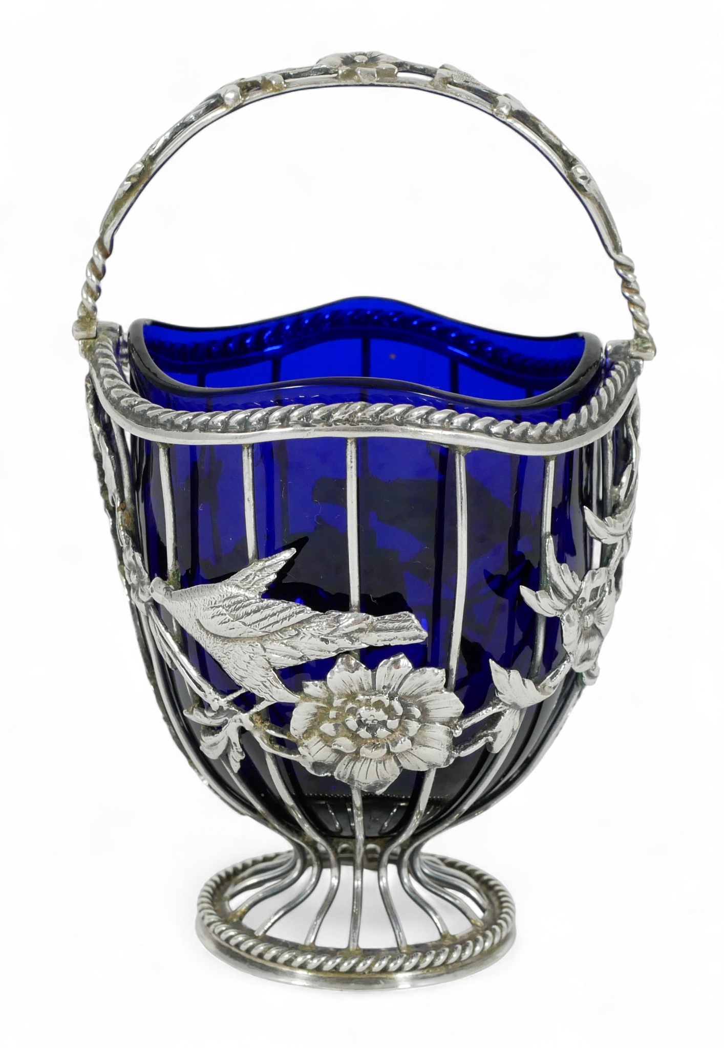 Antique Edwardian 1908 Sterling Silver Sugar Basket Bowl Birds Flower Blue Glass