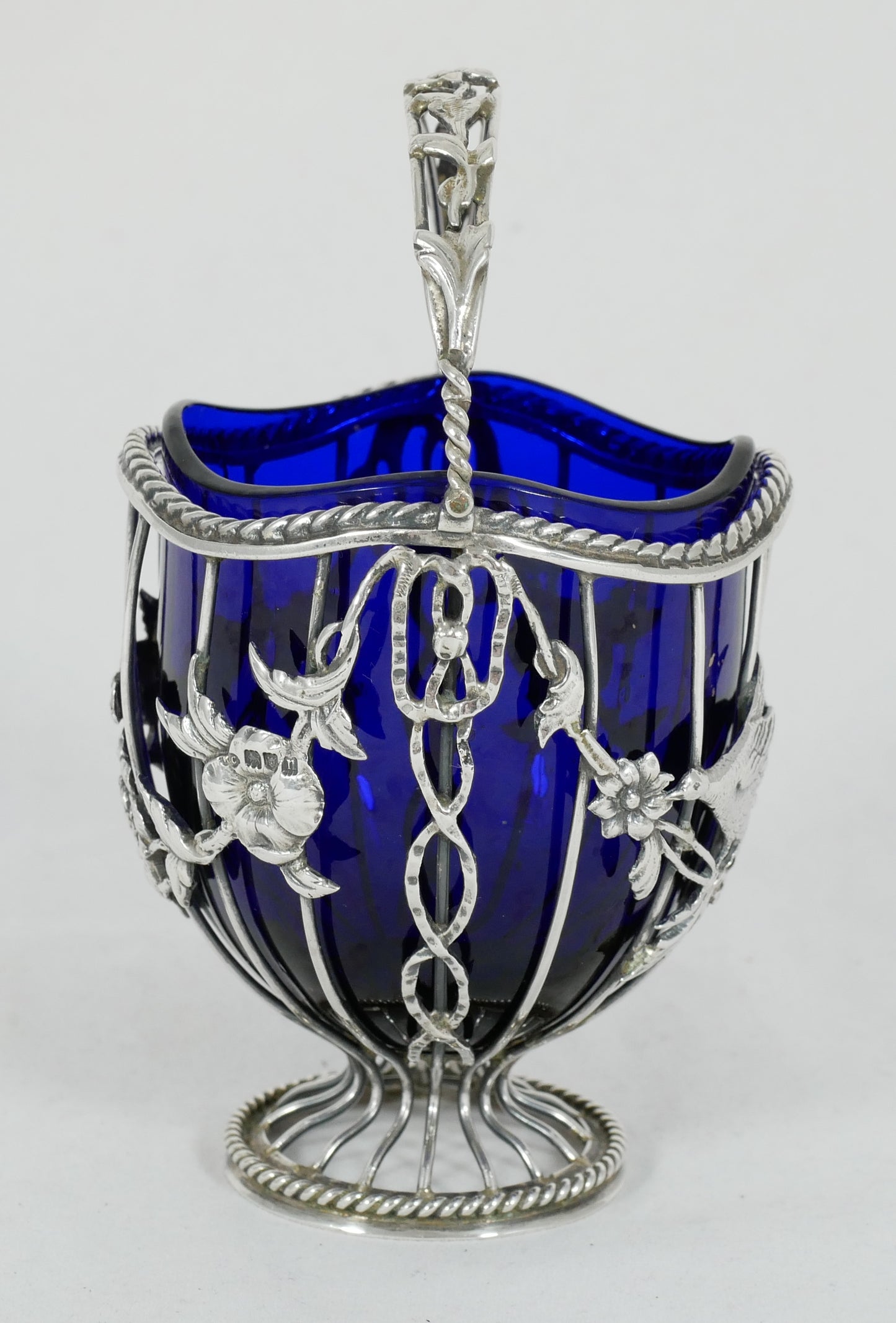 Antique Edwardian 1908 Sterling Silver Sugar Basket Bowl Birds Flower Blue Glass