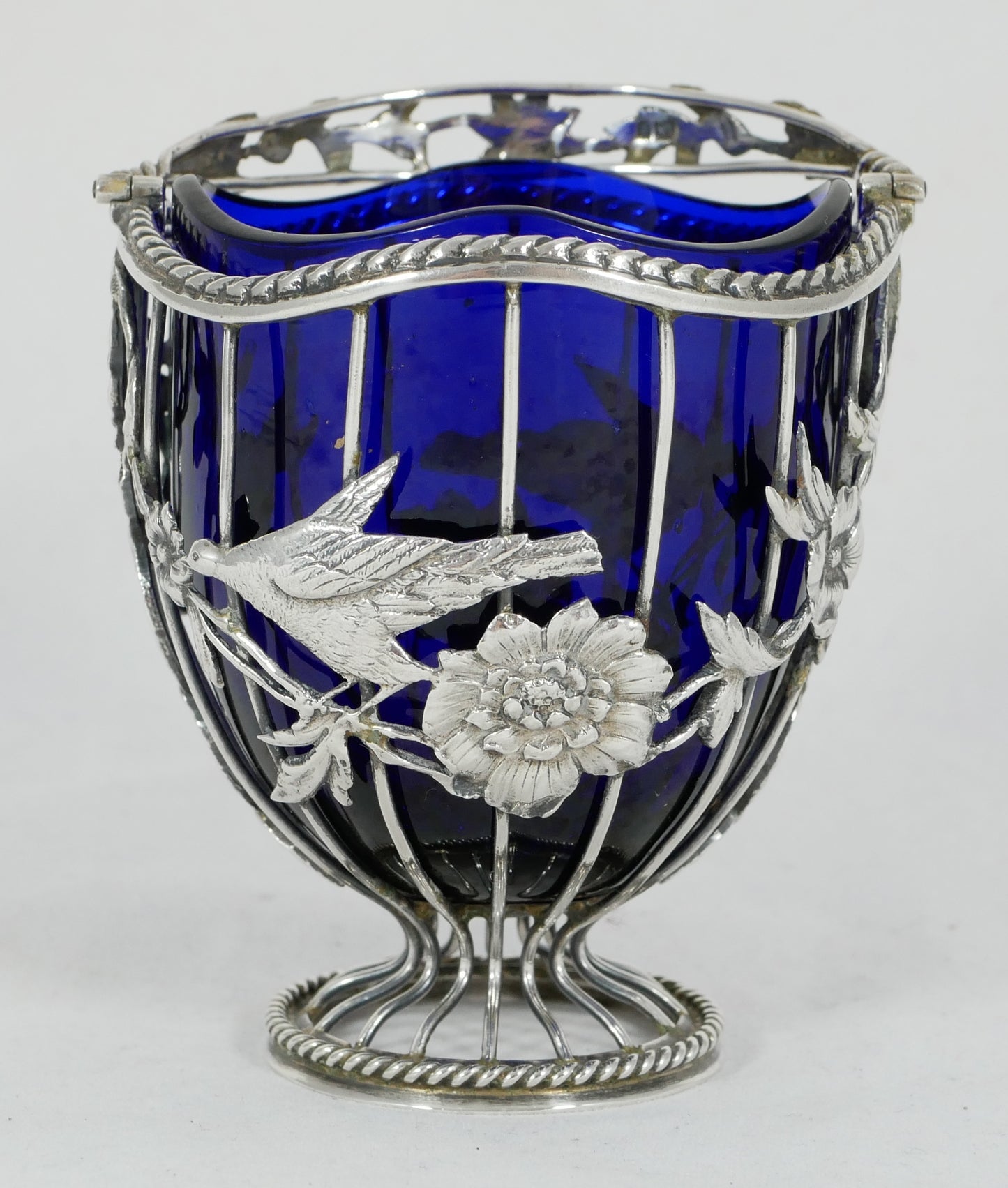 Antique Edwardian 1908 Sterling Silver Sugar Basket Bowl Birds Flower Blue Glass