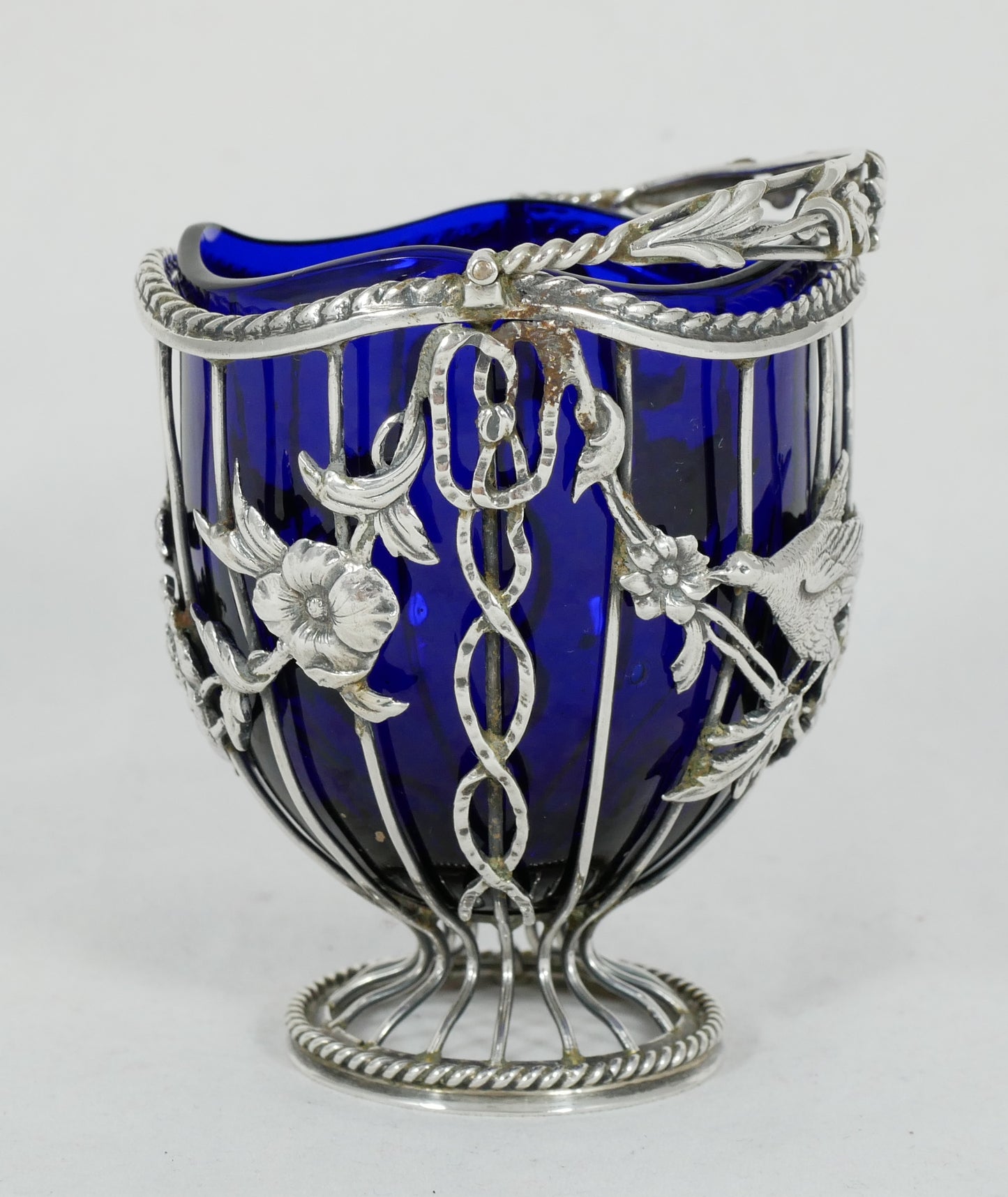 Antique Edwardian 1908 Sterling Silver Sugar Basket Bowl Birds Flower Blue Glass