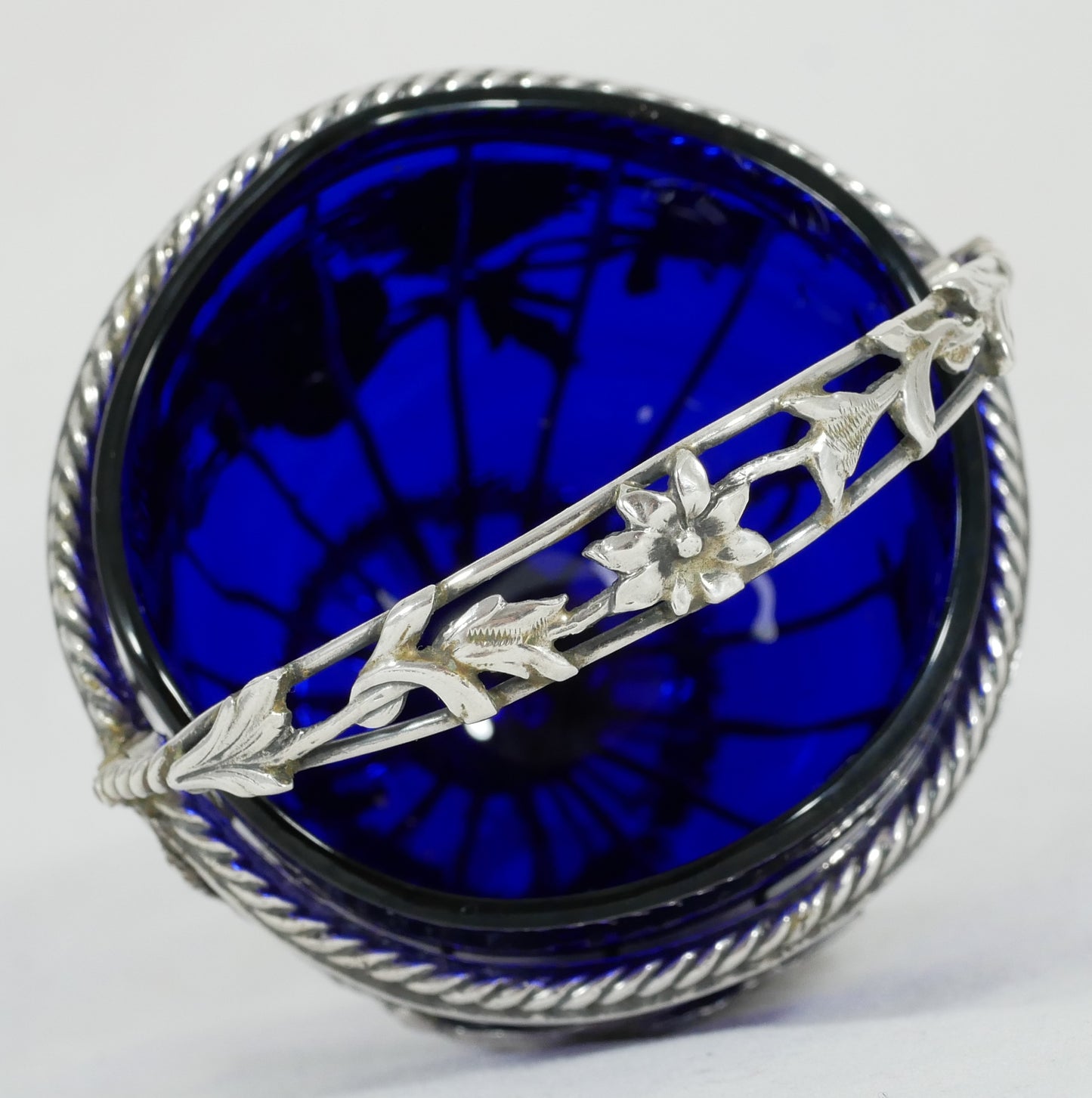 Antique Edwardian 1908 Sterling Silver Sugar Basket Bowl Birds Flower Blue Glass