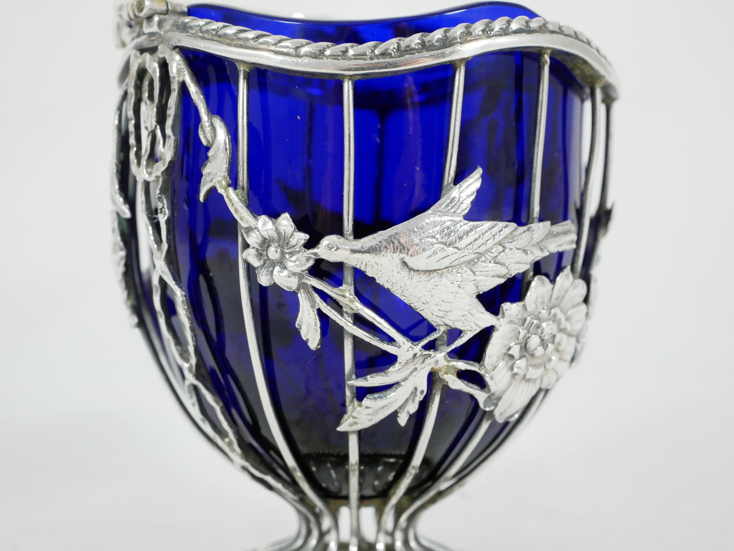 Antique Edwardian 1908 Sterling Silver Sugar Basket Bowl Birds Flower Blue Glass