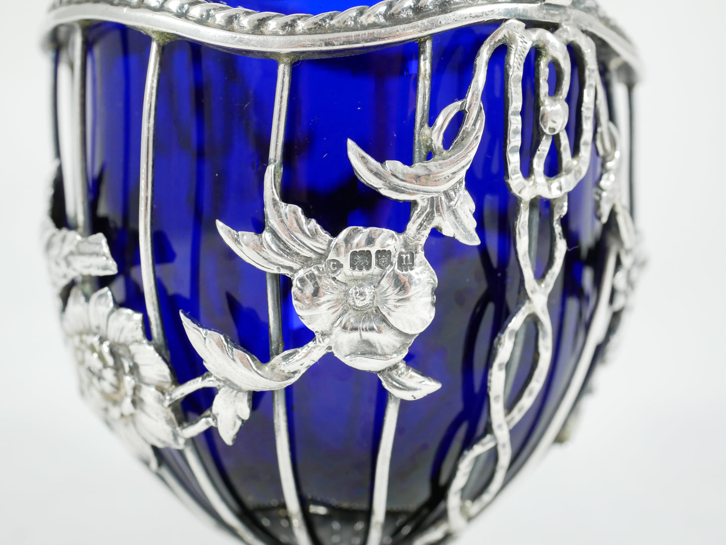 Antique Edwardian 1908 Sterling Silver Sugar Basket Bowl Birds Flower Blue Glass