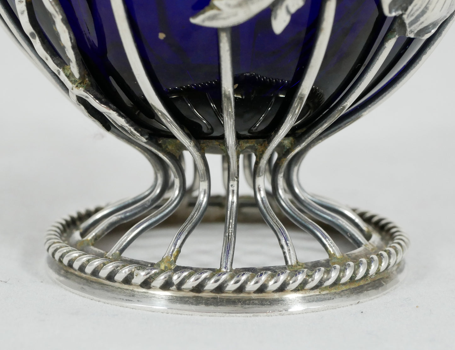 Antique Edwardian 1908 Sterling Silver Sugar Basket Bowl Birds Flower Blue Glass