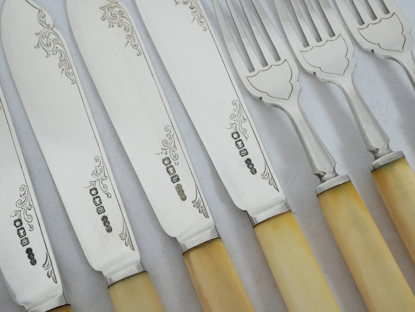 Antique Edwardian 1919 Sterling Silver Boxed 12pc Fish Dessert Fruit Cutlery Set
