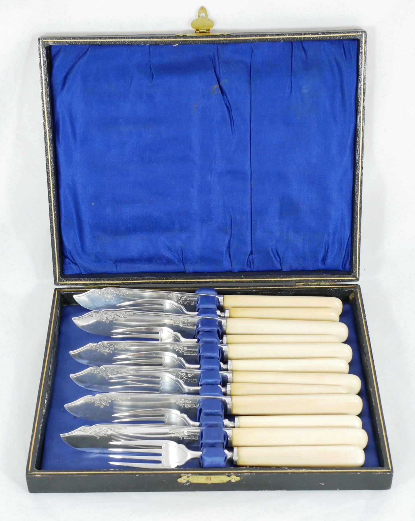 Antique Edwardian 1919 Sterling Silver Boxed 12pc Fish Dessert Fruit Cutlery Set