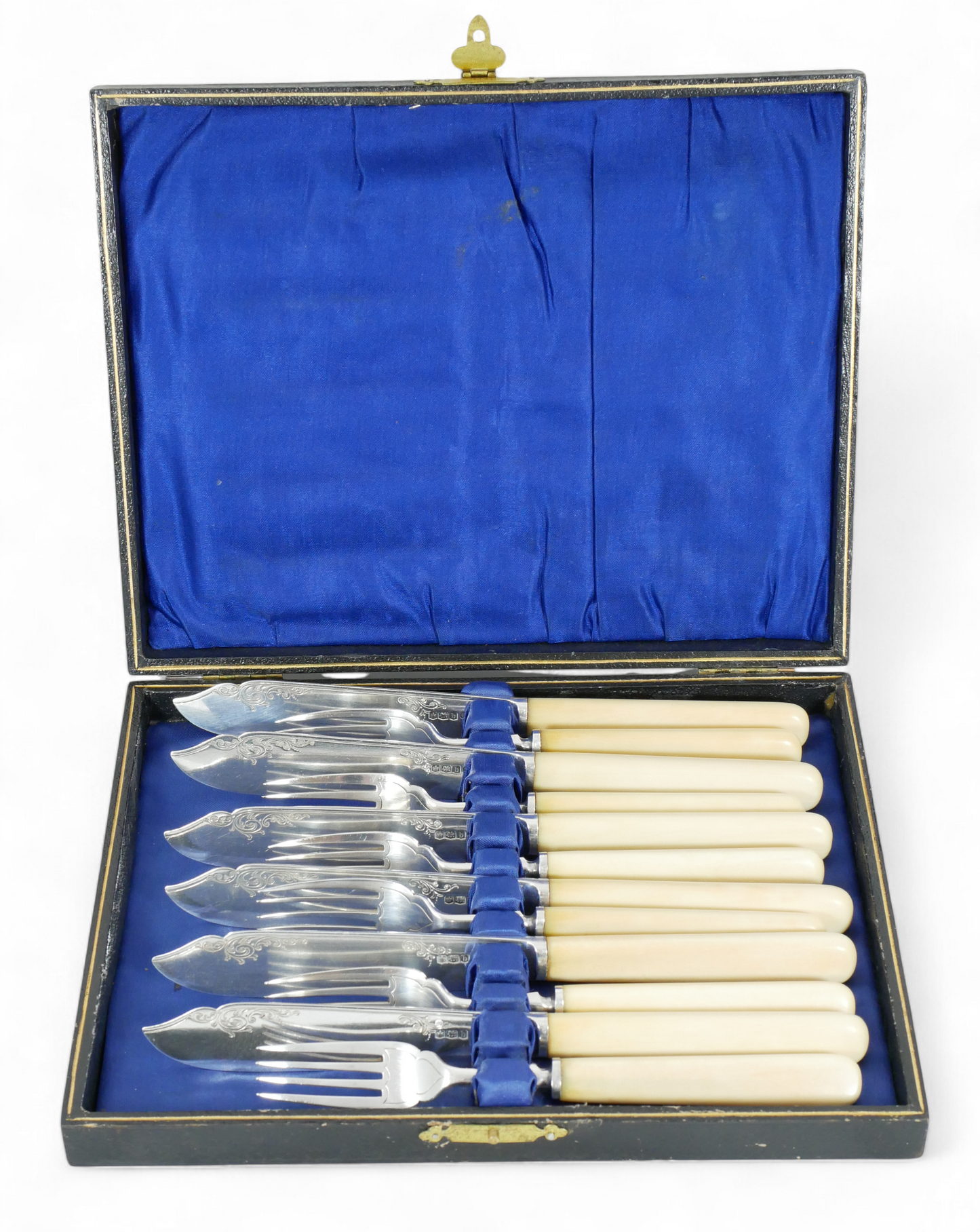Antique Edwardian 1919 Sterling Silver Boxed 12pc Fish Dessert Fruit Cutlery Set