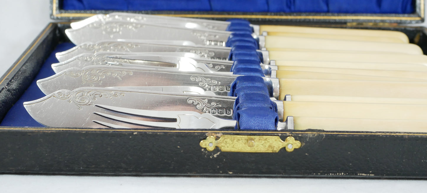 Antique Edwardian 1919 Sterling Silver Boxed 12pc Fish Dessert Fruit Cutlery Set