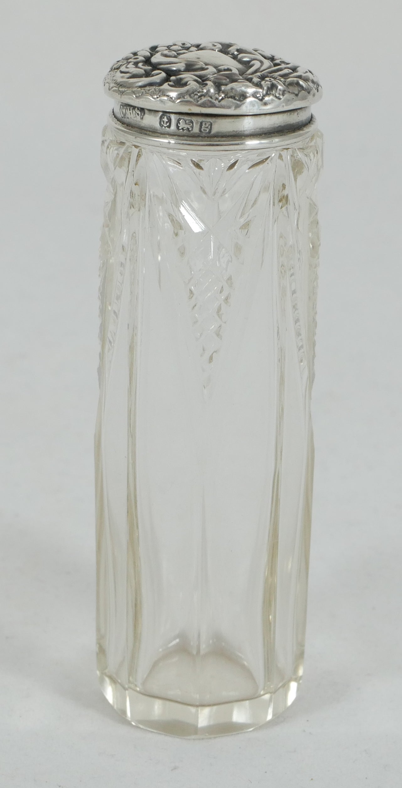 Antique Edwardian 1906 Repousse Sterling Silver & Cut Glass Pin Bottle Jar Gilt