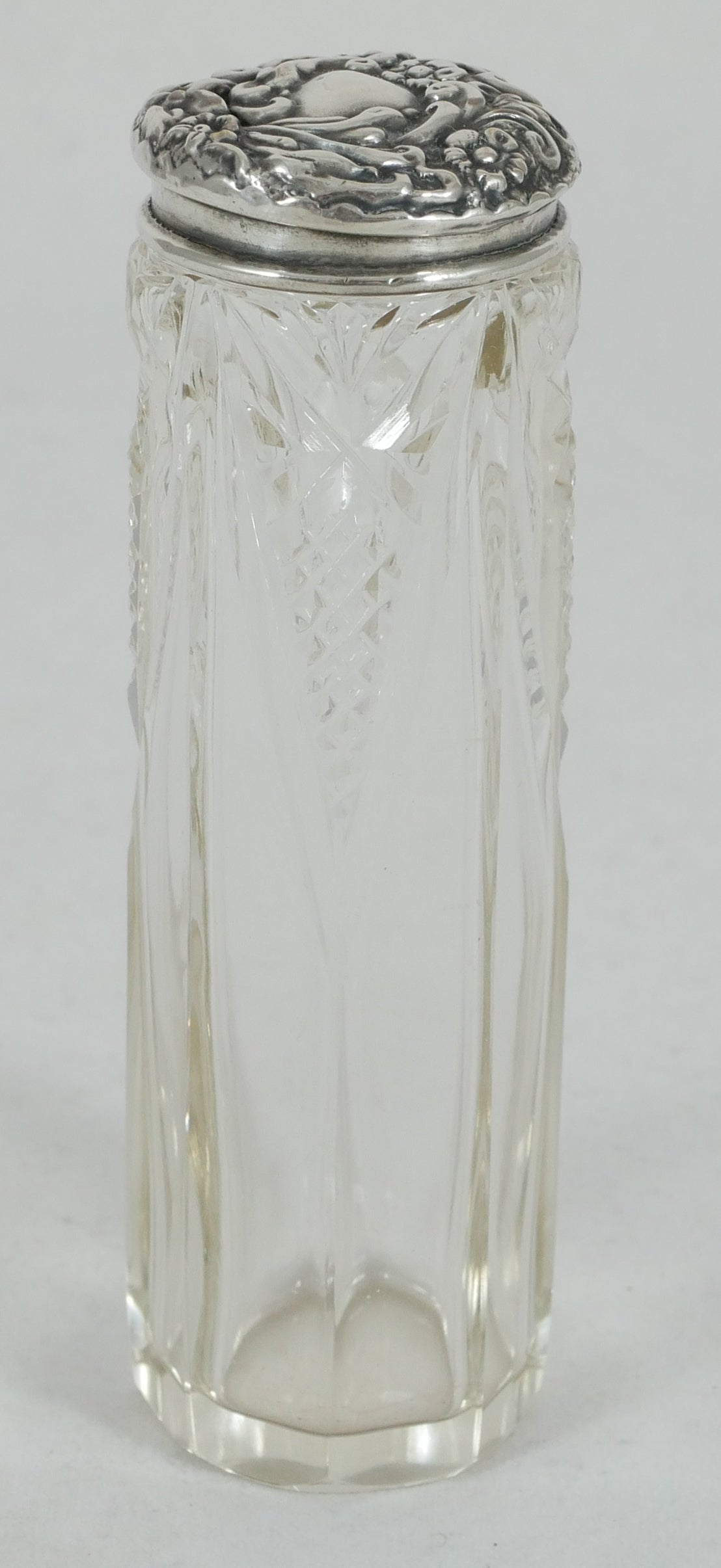 Antique Edwardian 1906 Repousse Sterling Silver & Cut Glass Pin Bottle Jar Gilt