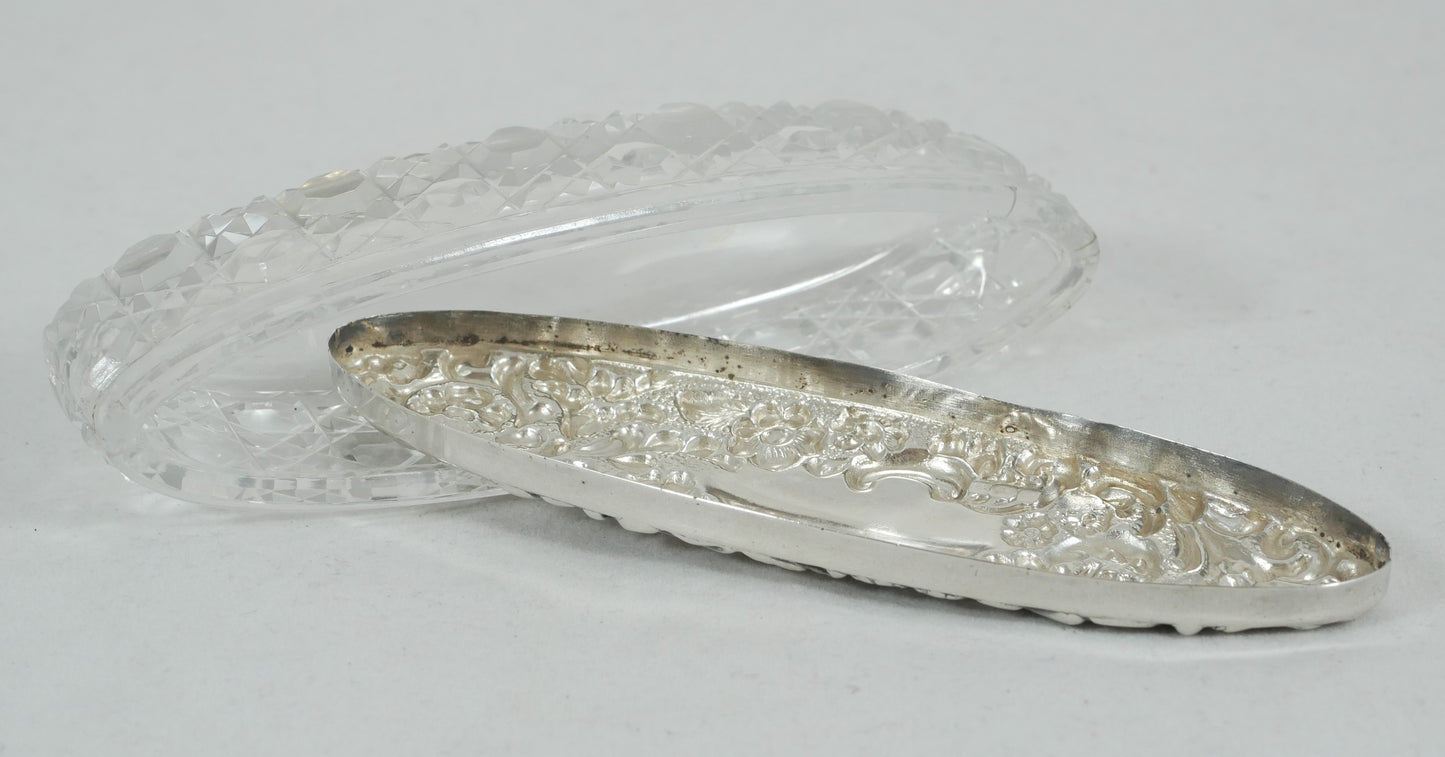 Antique Edwardian 1907 Repousse Sterling Silver Cut Glass Oval Bottle Vanity Jar