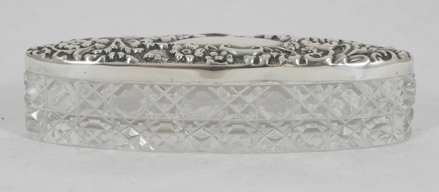 Antique Edwardian 1907 Repousse Sterling Silver Cut Glass Oval Bottle Vanity Jar