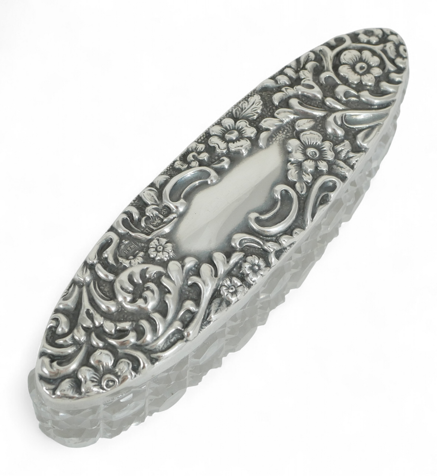Antique Edwardian 1907 Repousse Sterling Silver Cut Glass Oval Bottle Vanity Jar