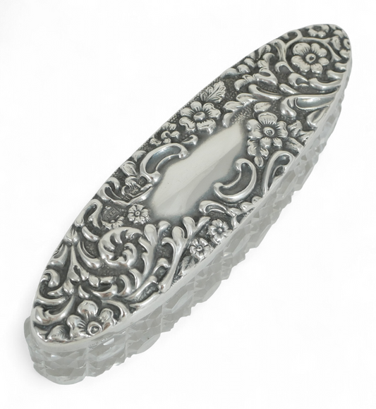 Antique Edwardian 1907 Repousse Sterling Silver Cut Glass Oval Bottle Vanity Jar