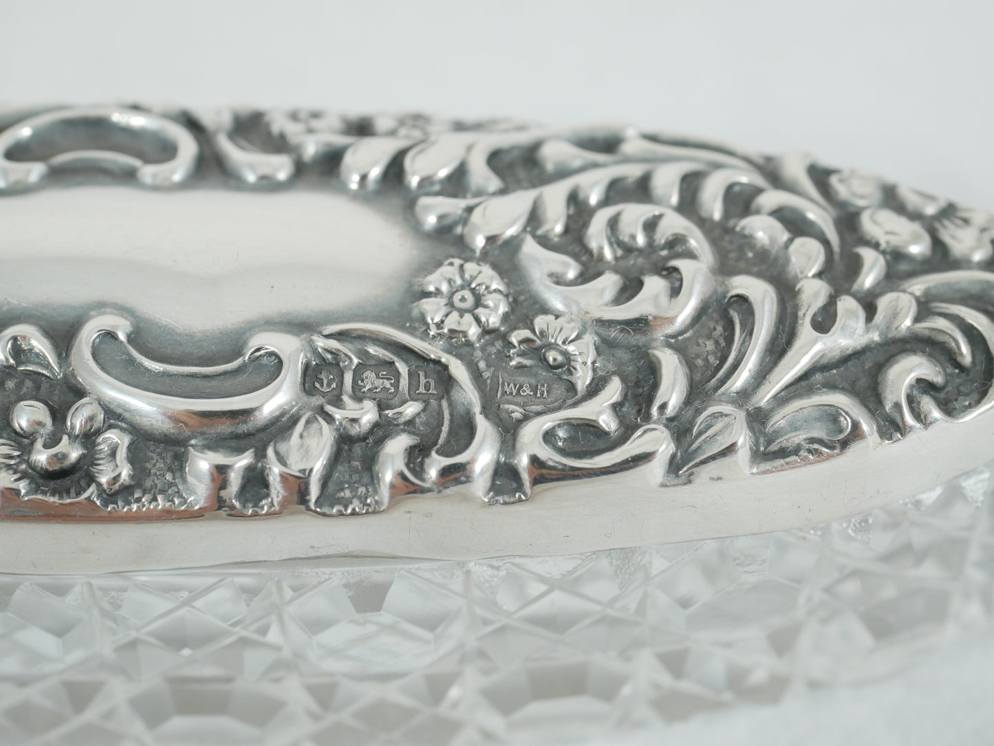 Antique Edwardian 1907 Repousse Sterling Silver Cut Glass Oval Bottle Vanity Jar