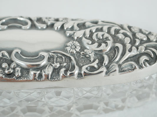 Antique Edwardian 1907 Repousse Sterling Silver Cut Glass Oval Bottle Vanity Jar