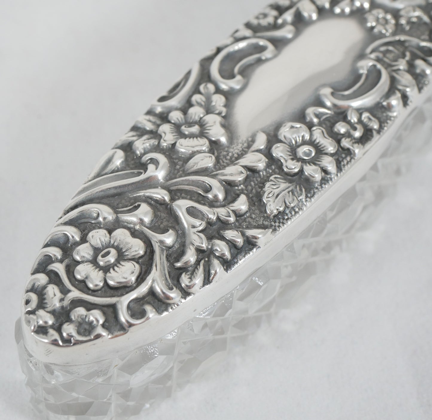 Antique Edwardian 1907 Repousse Sterling Silver Cut Glass Oval Bottle Vanity Jar