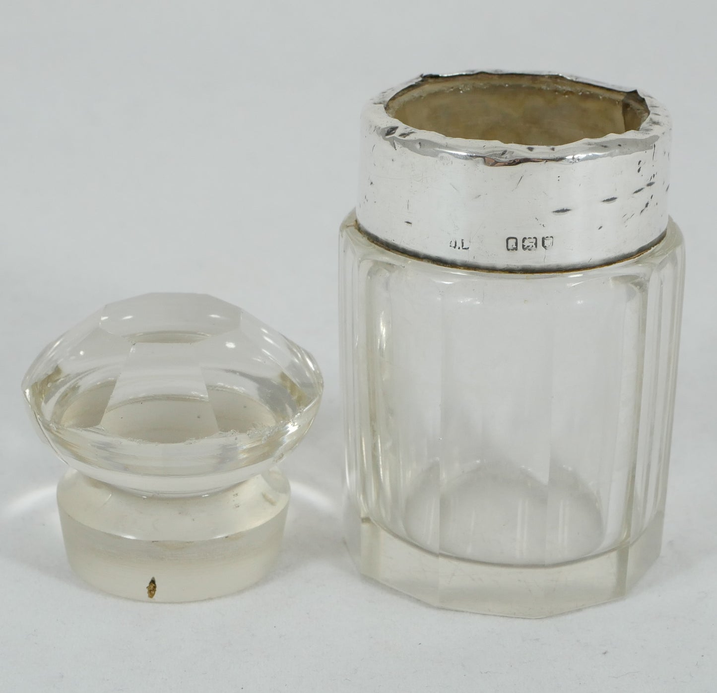 Antique Edwardian 1908 Sterling Silver Cut Glass Scent Perfume Bottle Vanity Jar