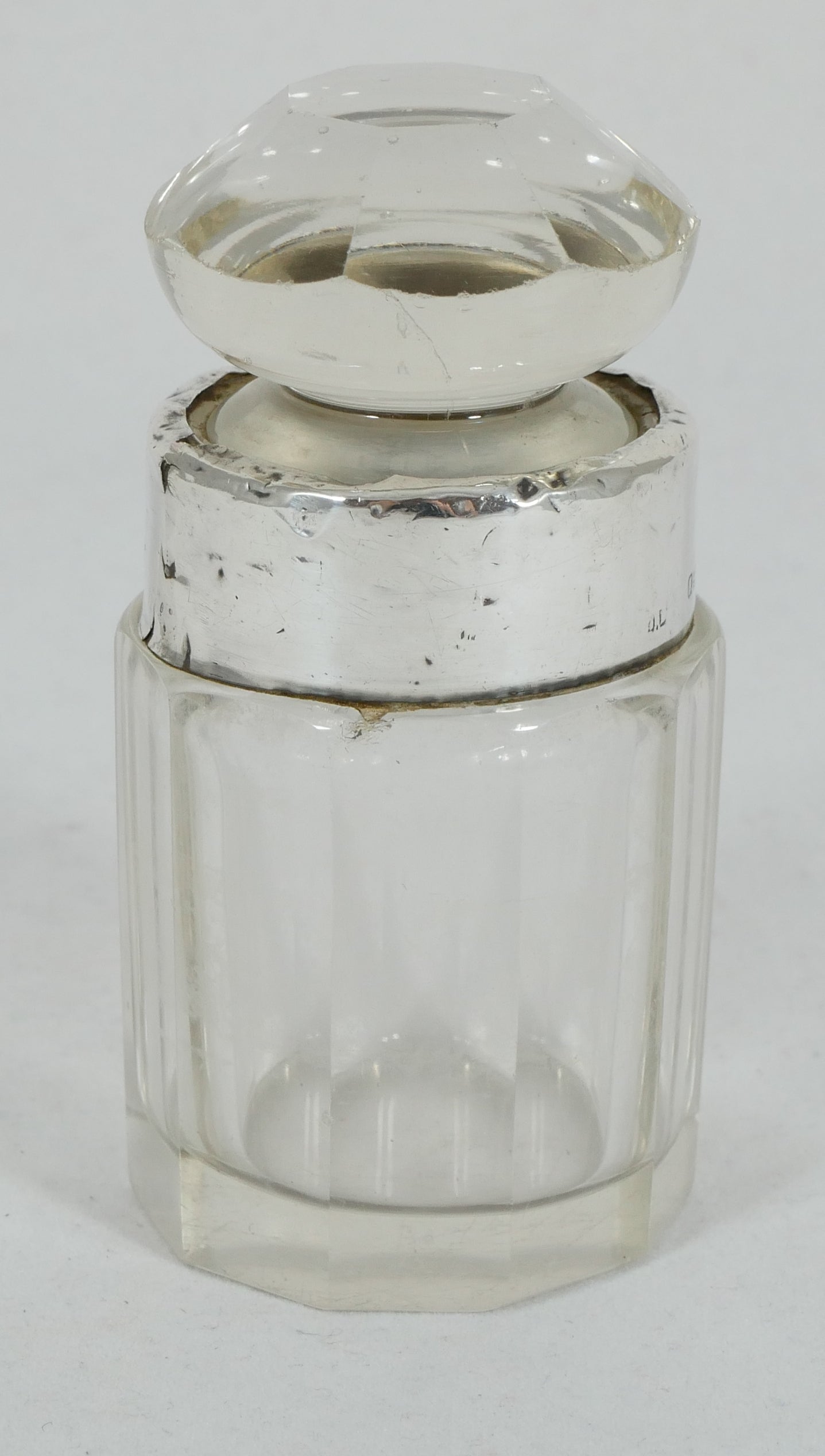 Antique Edwardian 1908 Sterling Silver Cut Glass Scent Perfume Bottle Vanity Jar