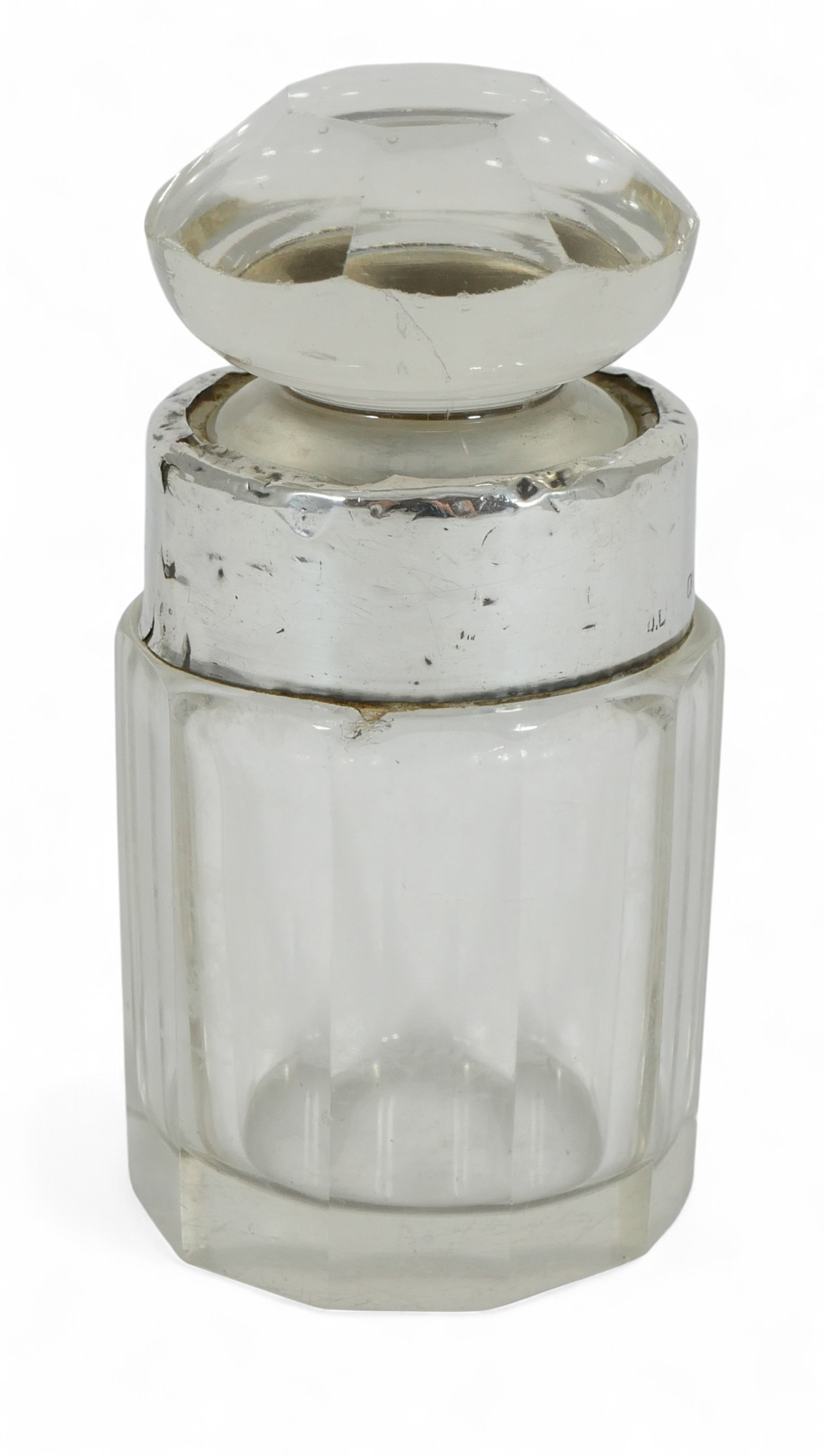 Antique Edwardian 1908 Sterling Silver Cut Glass Scent Perfume Bottle Vanity Jar