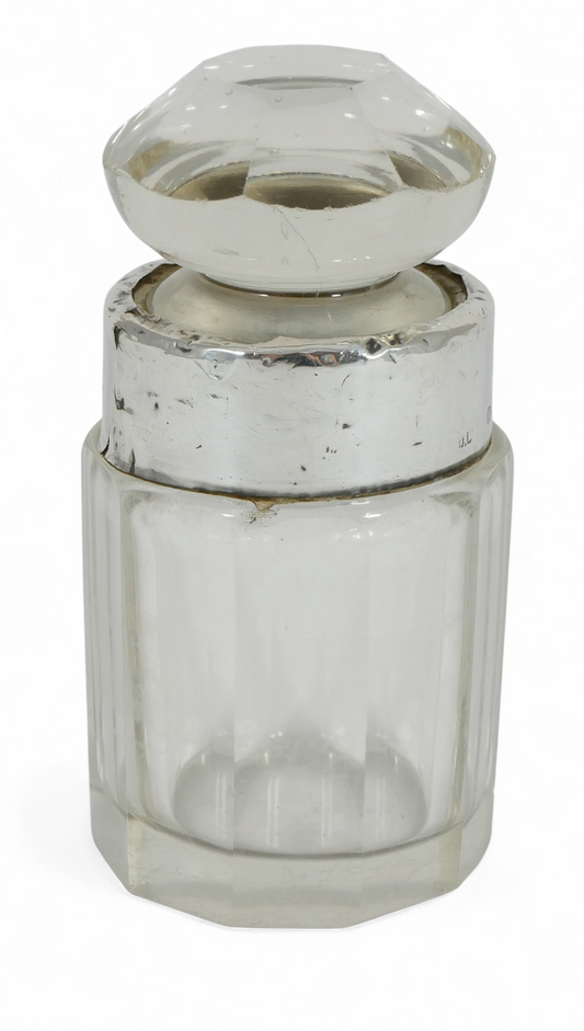 Antique Edwardian 1908 Sterling Silver Cut Glass Scent Perfume Bottle Vanity Jar