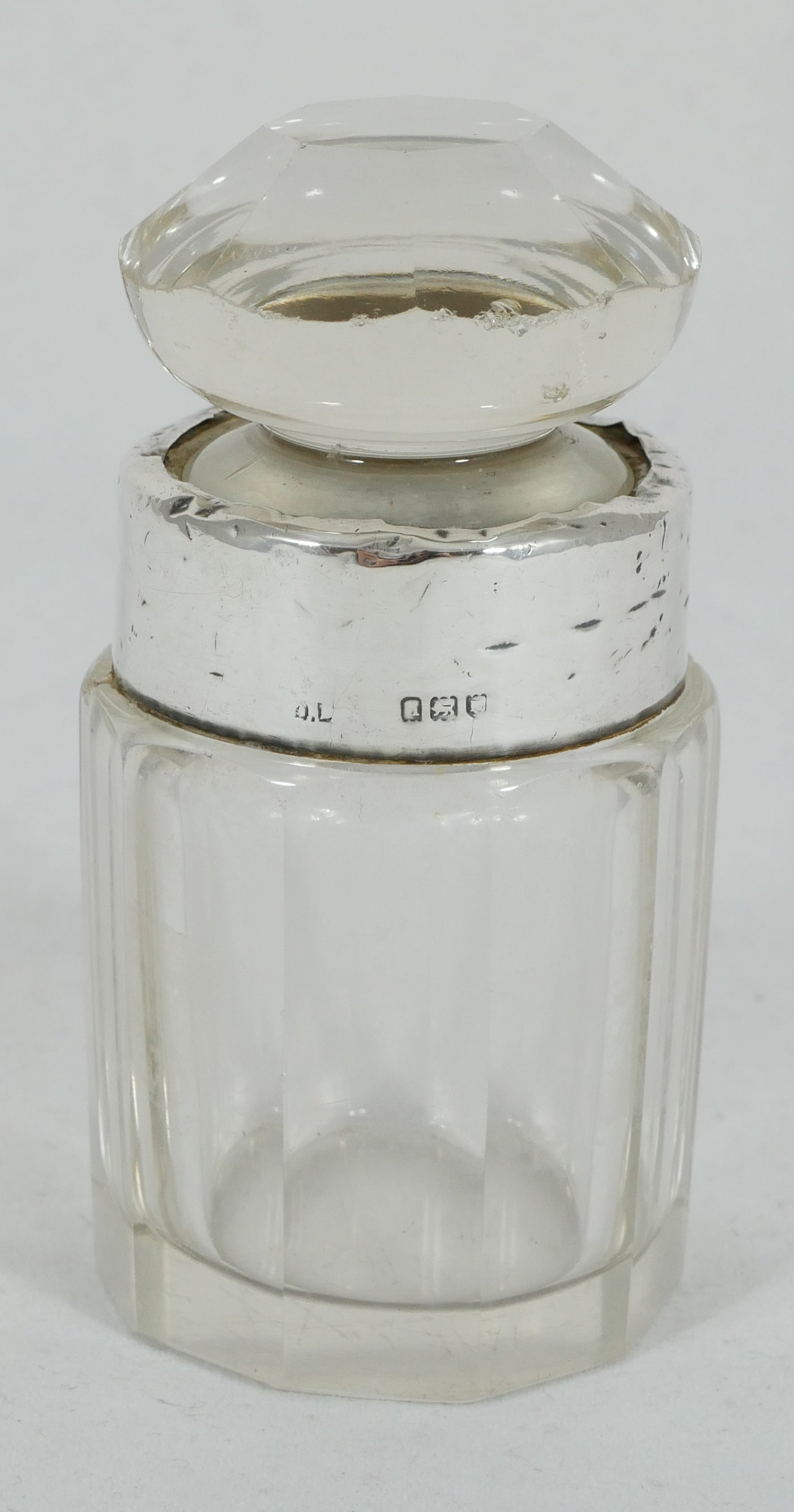 Antique Edwardian 1908 Sterling Silver Cut Glass Scent Perfume Bottle Vanity Jar
