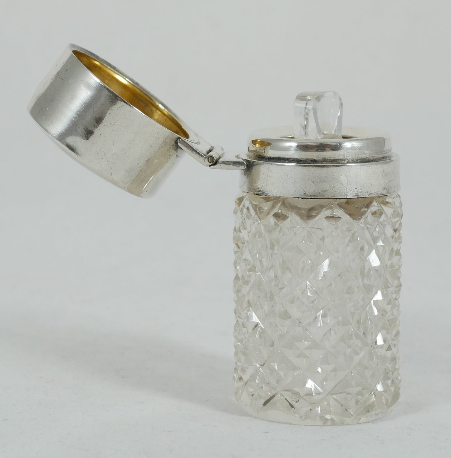 Antique Edwardian 1906 Sterling Silver Cut Glass Scent Perfume Bottle Vanity Jar