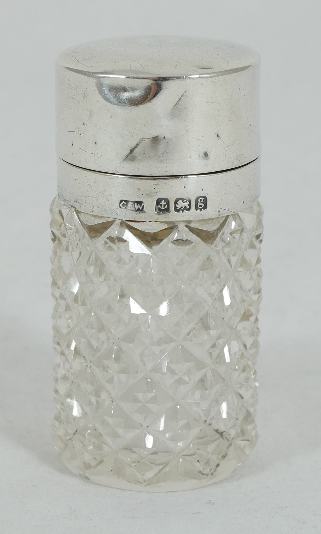 Antique Edwardian 1906 Sterling Silver Cut Glass Scent Perfume Bottle Vanity Jar