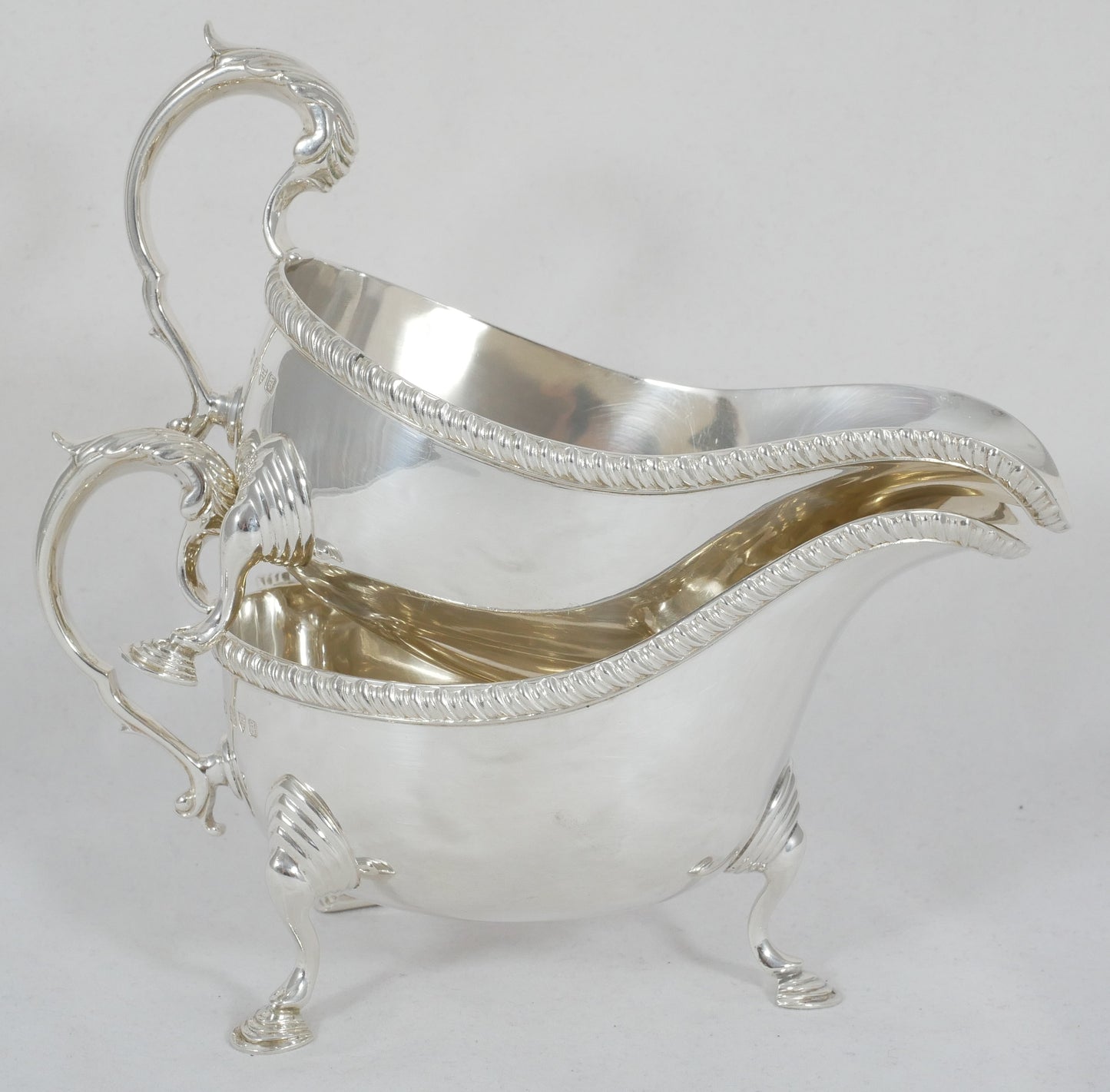 Antique Art Deco 1934 Pair of Large Heavy Sterling Silver Sauce Boats Gravy Jugs