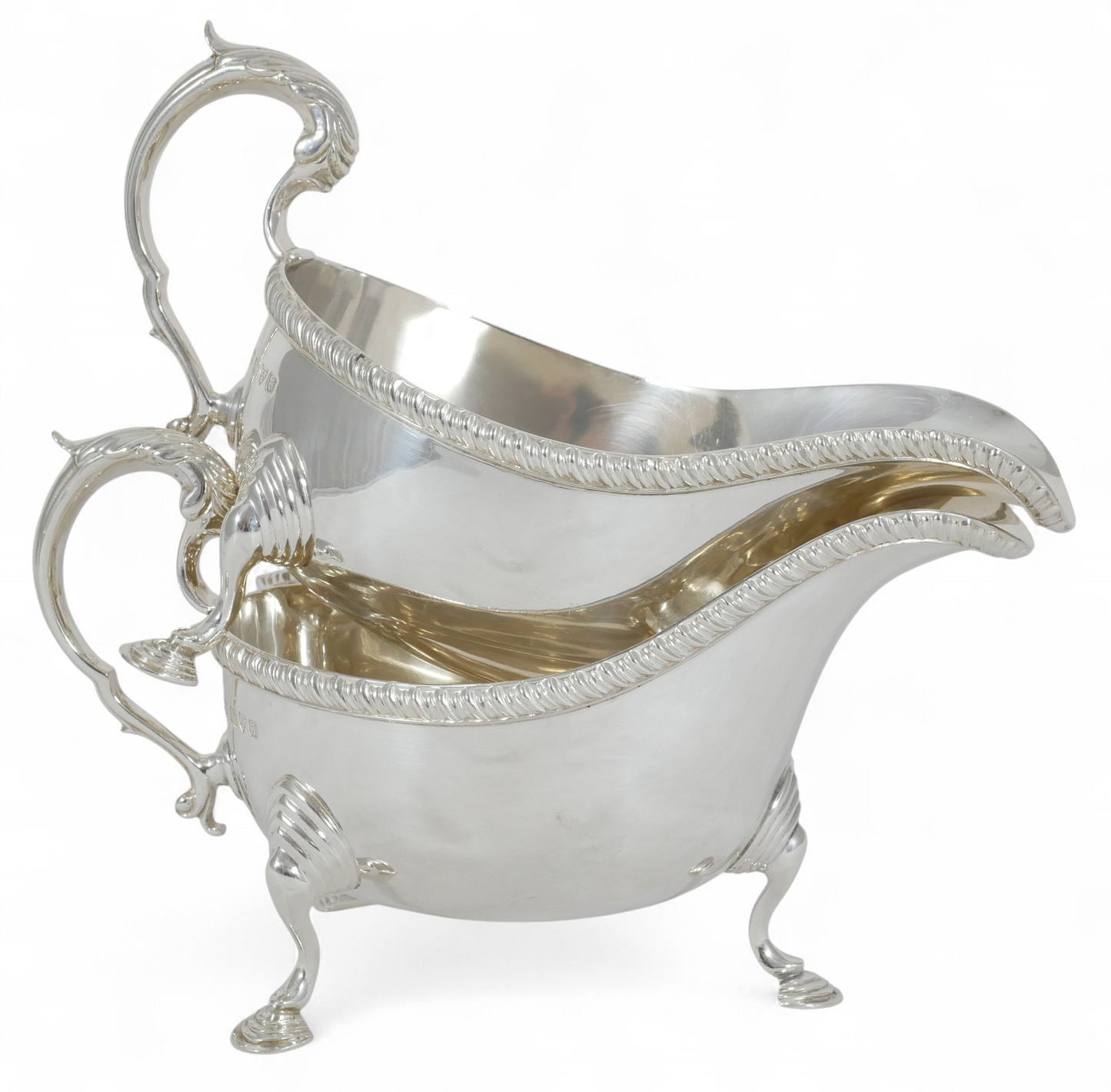 Antique Art Deco 1934 Pair of Large Heavy Sterling Silver Sauce Boats Gravy Jugs