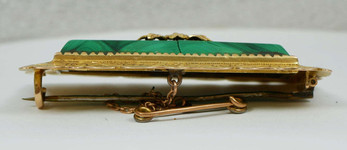 Antique Art Deco Large Solid 15ct Yellow Gold Malachite Panel Heavy Brooch Pin