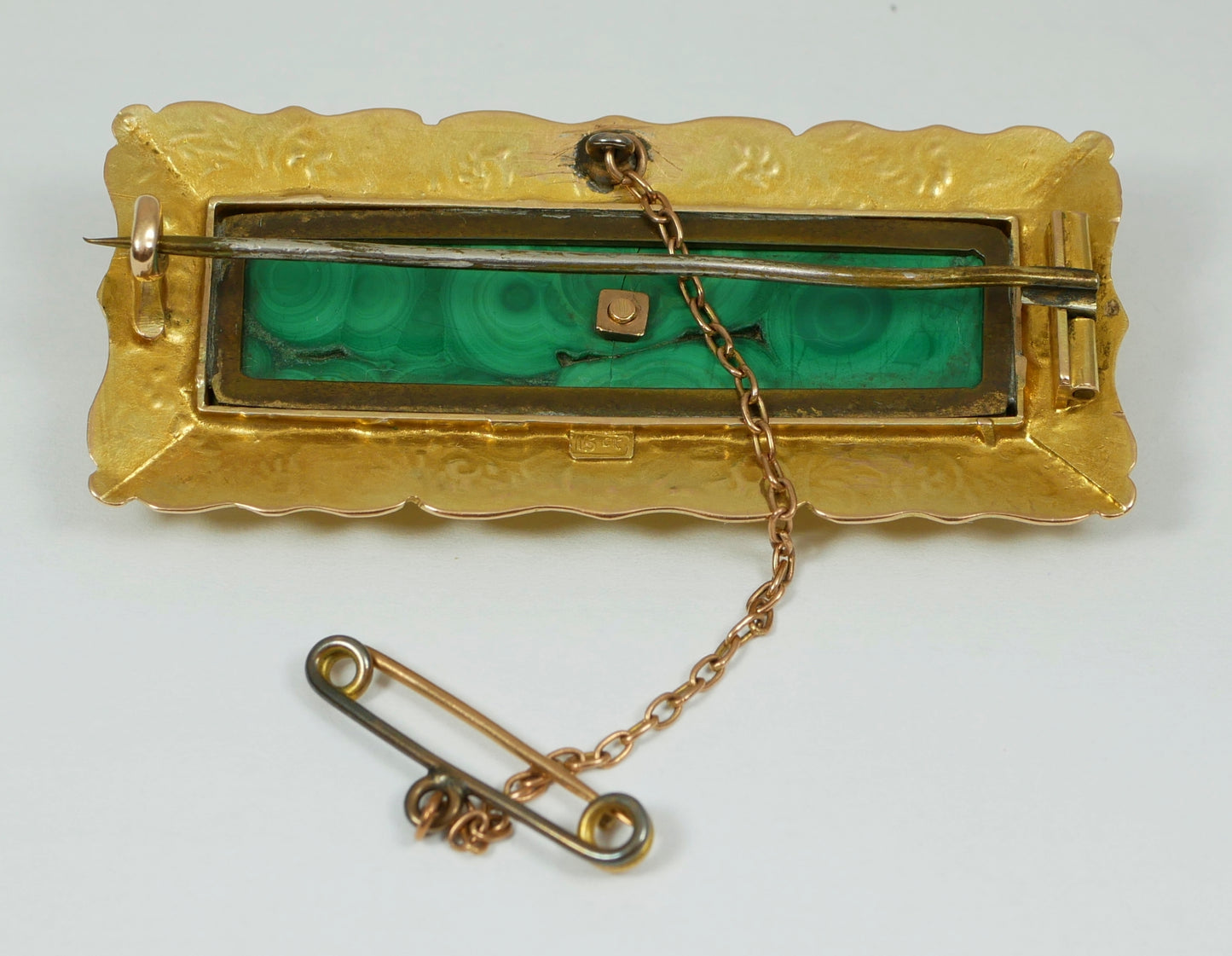 Antique Art Deco Large Solid 15ct Yellow Gold Malachite Panel Heavy Brooch Pin