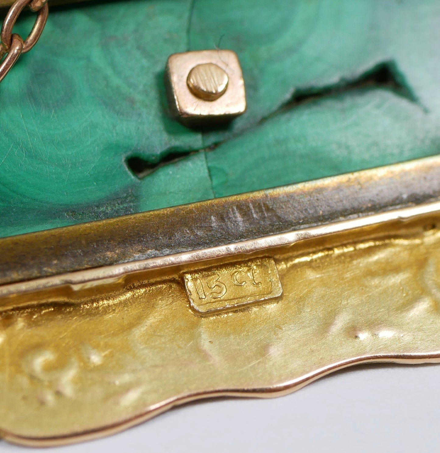 Antique Art Deco Large Solid 15ct Yellow Gold Malachite Panel Heavy Brooch Pin