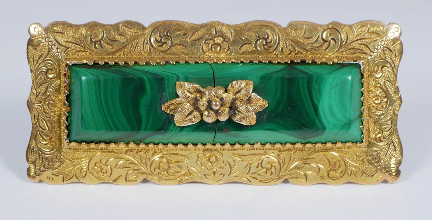 Antique Art Deco Large Solid 15ct Yellow Gold Malachite Panel Heavy Brooch Pin