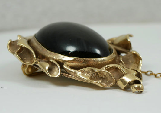 Vintage Art Nouveau Large Solid 9ct Yellow Gold Onyx Cabochon Heavy Brooch Pin