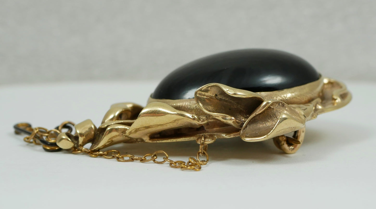 Vintage Art Nouveau Large Solid 9ct Yellow Gold Onyx Cabochon Heavy Brooch Pin