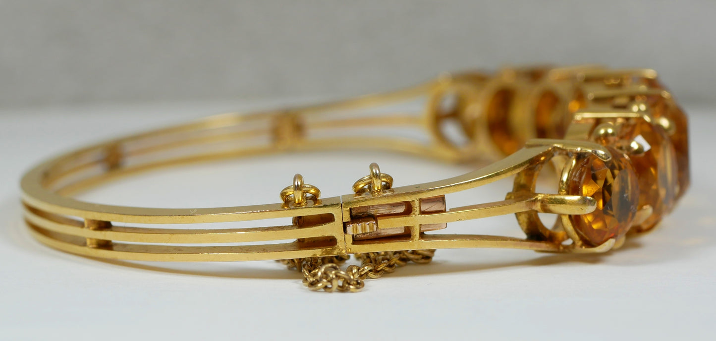 Antique Vintage Heavy Solid 18ct Yellow Gold & Natural Citrine Hinged Bangle 750
