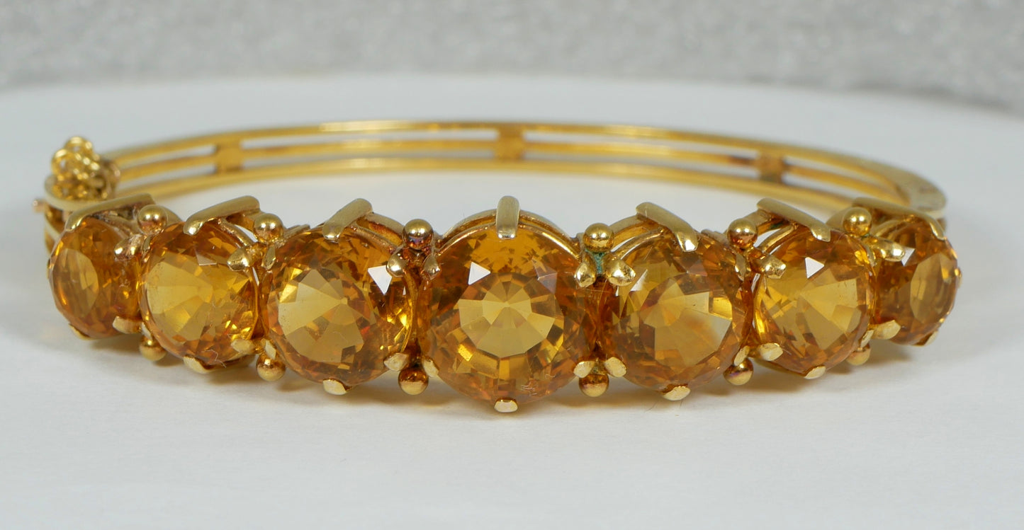 Antique Vintage Heavy Solid 18ct Yellow Gold & Natural Citrine Hinged Bangle 750