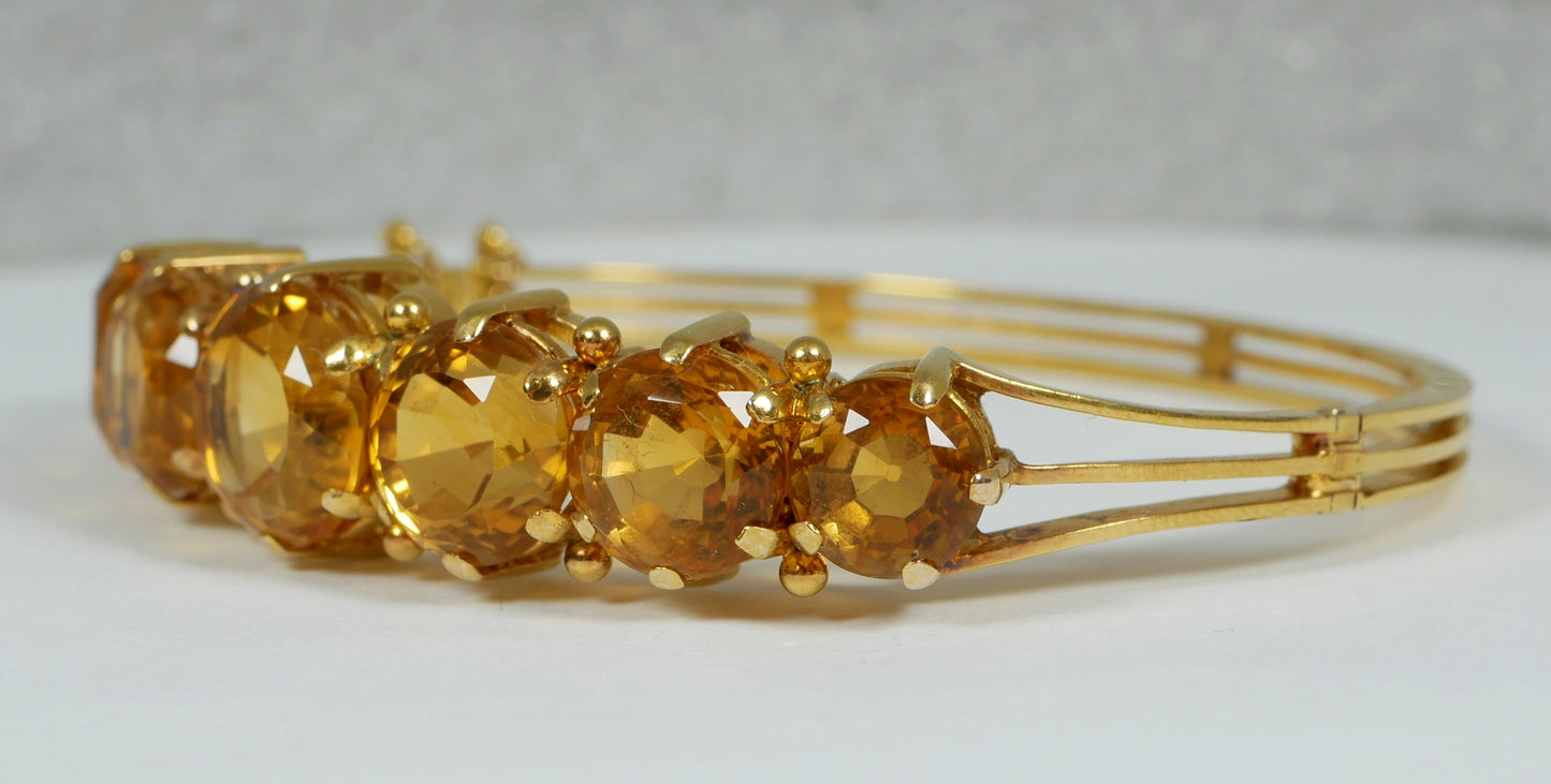 Antique Vintage Heavy Solid 18ct Yellow Gold & Natural Citrine Hinged Bangle 750