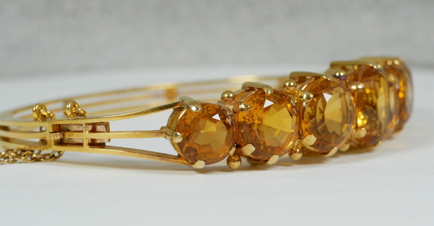 Antique Vintage Heavy Solid 18ct Yellow Gold & Natural Citrine Hinged Bangle 750